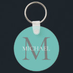 Porte-clés Monogramme personnalisé et nom Turquoise clair<br><div class="desc">Monogramme et cadeaux de nom élégants personnalisés avec monogramme personnalisé dans le style de police serif classique avec boîte de nom au milieu du monogramme.</div>