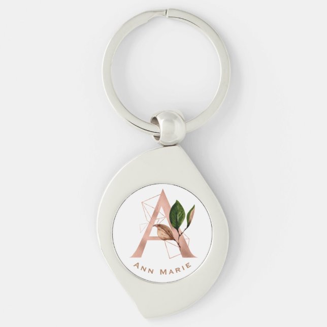 Porte-clés Monogramme personnalisé initiale florale or rose (Devant)