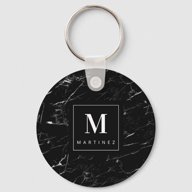 Porte-clés Monogramme personnalisé Marbre noir (Recto)