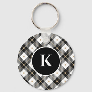 Porte-clés Monogramme personnalisé Noir Blanc Or Plaid