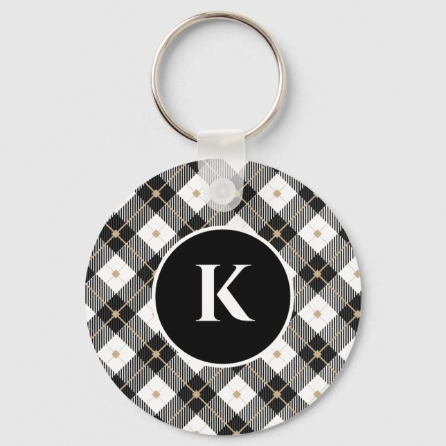 Porte-clés Monogramme personnalisé Noir Blanc Or Plaid (Recto)