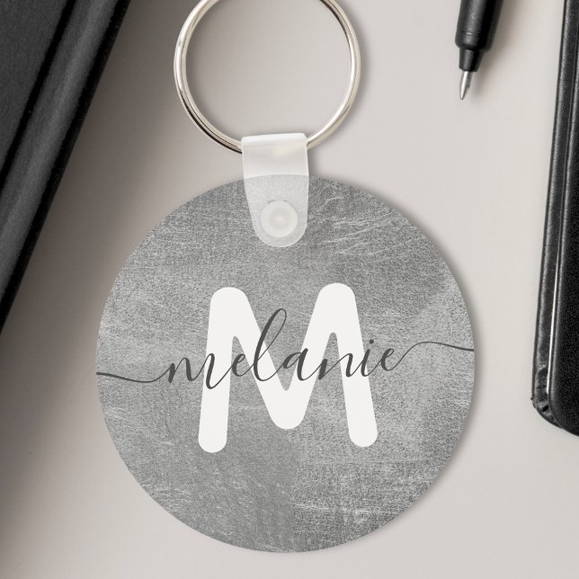 Porte-clés Monogramme personnalisé Nom Feuille d'Argent Luxe (Créateur téléchargé)