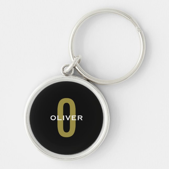 Porte-clés Monogramme Personnalisé Nom Noir Or Blanc (Devant)