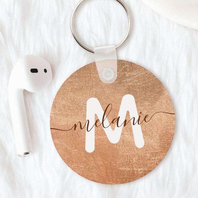 Porte-clés Monogramme personnalisé Nom Rose Or Feuille Luxe (Créateur téléchargé)