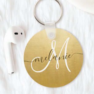 Porte-clés Monogramme personnalisé Nom Script Tendance Feuill