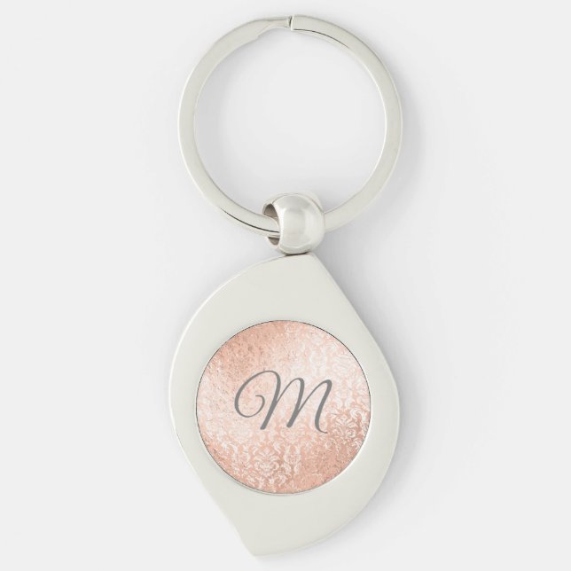 Porte-clés Monogramme personnalisé Rose Gold Damask (Devant)