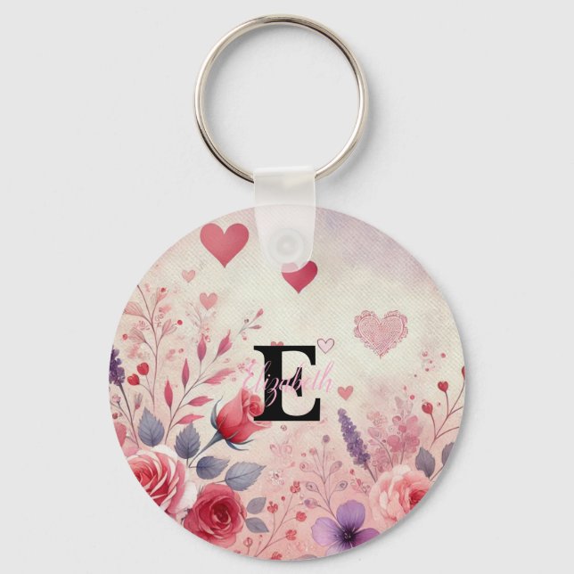 Porte-clés Monogramme prénom coeurs de la Saint-Valentin aqua (Recto)