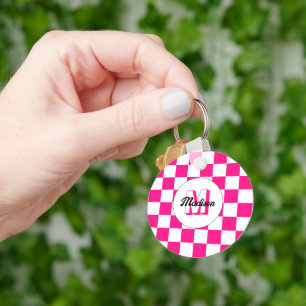 Porte-clés Monogramme rétro géométrique blanc rose vif à carr
