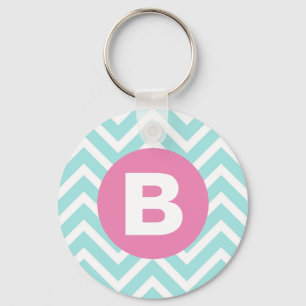 Porte-clés Monogramme rose chevron bleu clair tendance