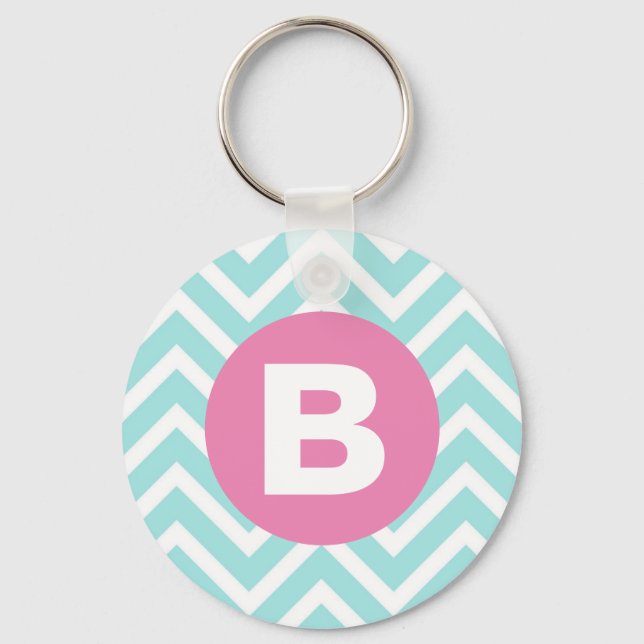 Porte-clés Monogramme rose chevron bleu clair tendance (Recto)