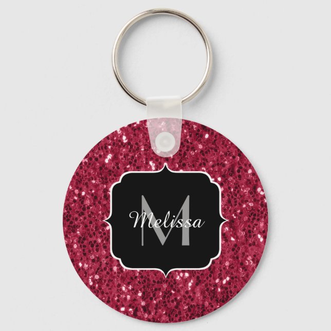 Porte-clés Monogramme rose foncé magenta faux scintillants (Recto)