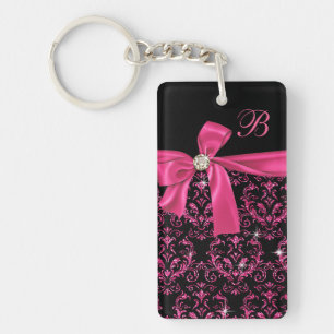 Porte-clés Monogramme rose noir élégant d'arc de diamant de