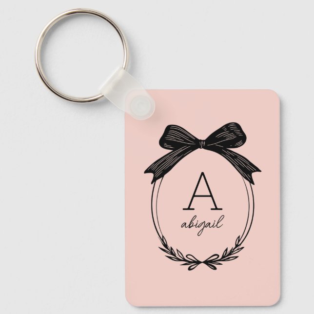 Porte-clés Monogramme Rose Pâle Ruban Noir Initiales Moderne (Recto)