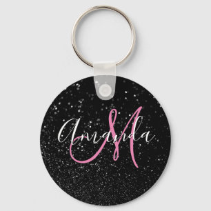 Porte-clés Monogramme rose personnalisé avec faux paillettes
