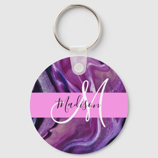 Porte-clés Monogramme Rose Texture Abstraite Violette Brillan (Recto)