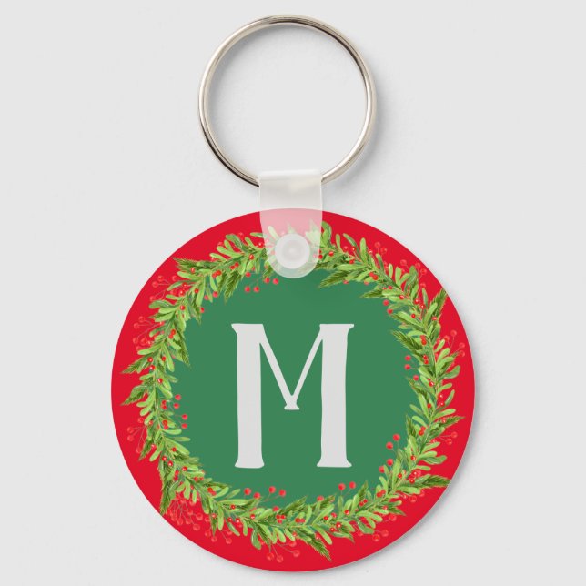 Porte-clés Monogramme rouge et vert couronne de Noël (Recto)