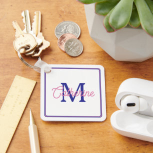 Porte-clés Monogramme simple rose et bleu marine Prépa