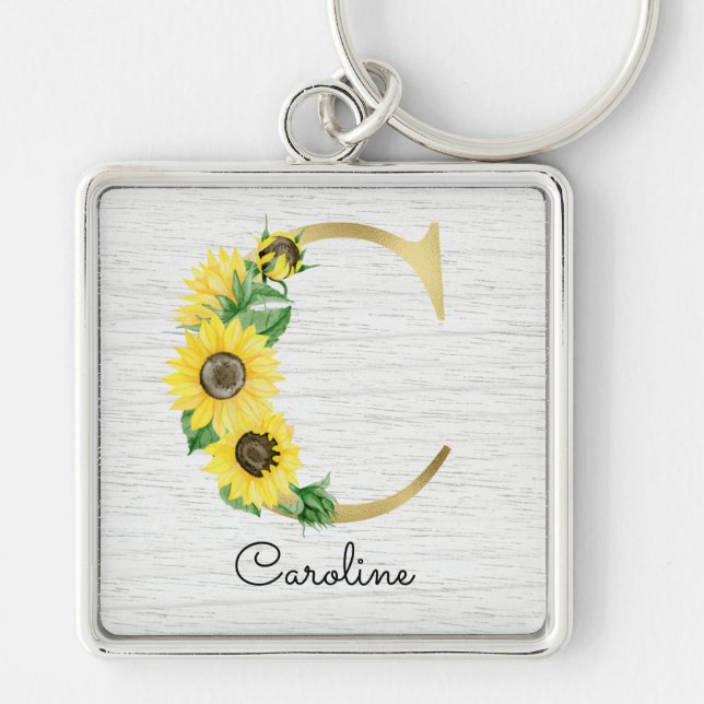 Porte-clés Monogramme Soleil Doré Fleur Initiale C Féminin (Devant)