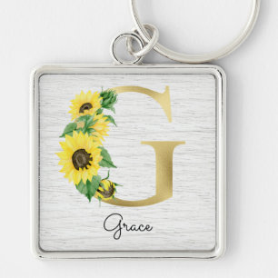 Porte-clés Monogramme Soleil Doré Fleur Initiale Féminin G