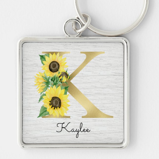 Porte-clés Monogramme Soleil Doré Fleur Initiale K Féminin (Devant)