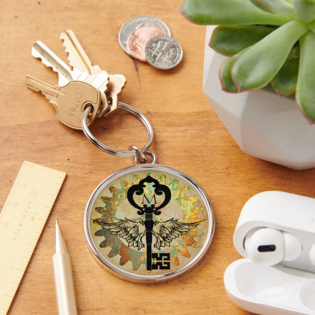 Porte-clés Monogramme Steampunk clé aile Roue rouille (Bureau)