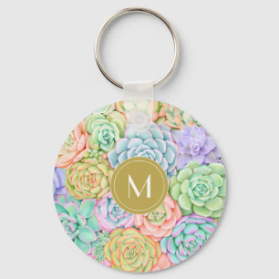 Porte-clés Monogramme Succulents Aquarelle Pastel coloré