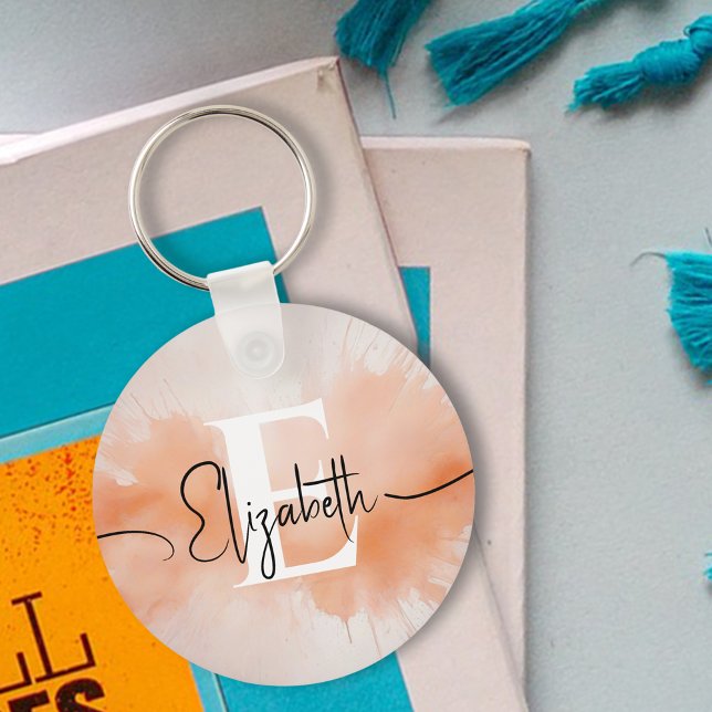 Porte-clés Monogramme Tendance Chic Aquarelle Pêche Éclabouss (Créateur téléchargé)
