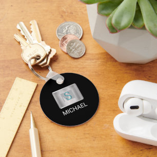 Porte-clés Monogramme turquoise et gris, Nom blanc Argent, No