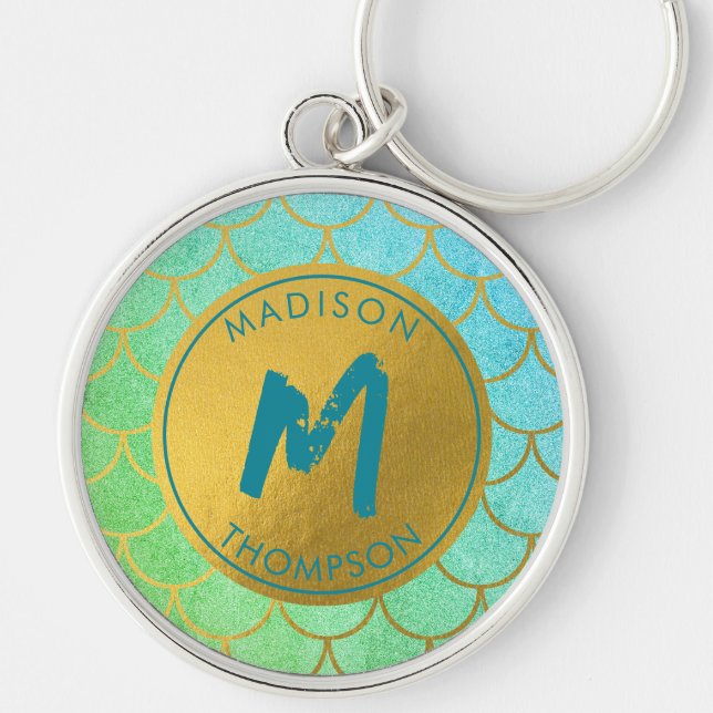 Porte-clés Monogramme Turquoise Motif de Parties scintillant  (Devant)