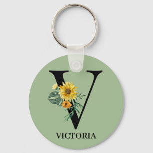Porte-clés Monogramme V d'alphabet floral personnalisé