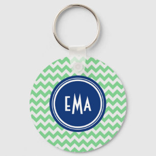 Porte-clés Monogramme vert et blanc Motif géométrique Chevron