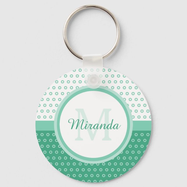 Porte-clés Monogramme vert et blanc Pois avec nom (Recto)