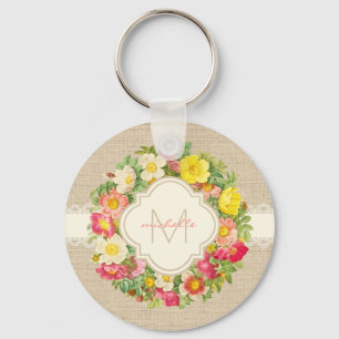 Porte-clés Monogramme Vintage Floral Wreath Linen Dentelle Po