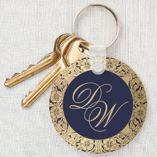 Porte-clés Monogramme Vintage Marine Blue Gold Roses Calligra
