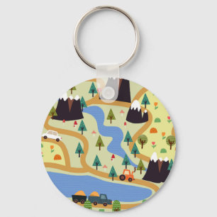 Porte-clés Montagnes, rivières, forêt, motif automobile.