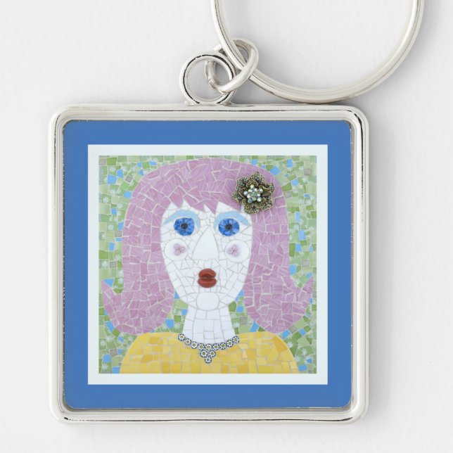 Porte-clés Mosaic - Ingrid avec bordure bleue et ivoire (Devant)