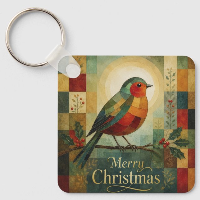 Porte-clés Mosaïque de Noël Robin Oiseau Houx Baie  (Recto)