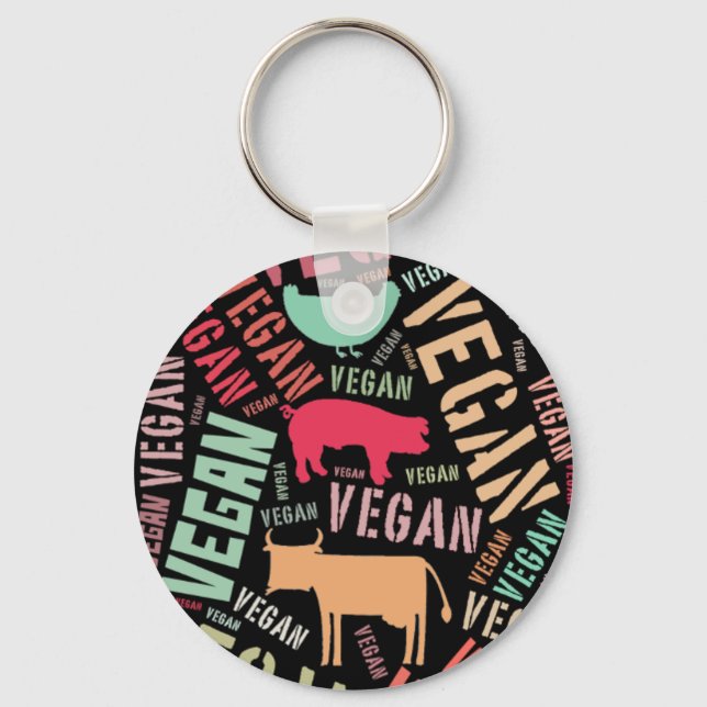 Porte-clés Mosaïque "Vegan" Word-Cloud avec vache, cochon & H (Recto)