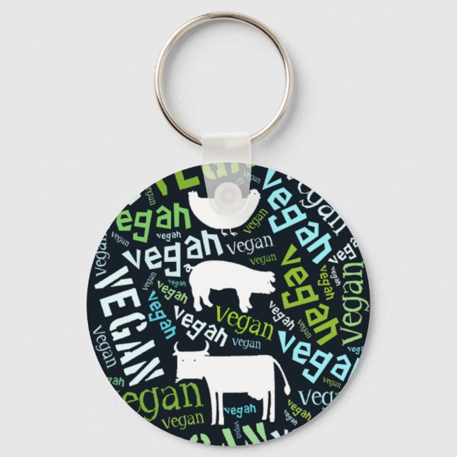 Porte-clés Mosaïque "Vegan" Word-Cloud avec vache, cochon & H (Recto)