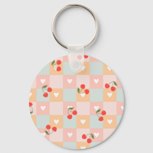 Porte-clés Motif à carreaux pastel cerise et cœur