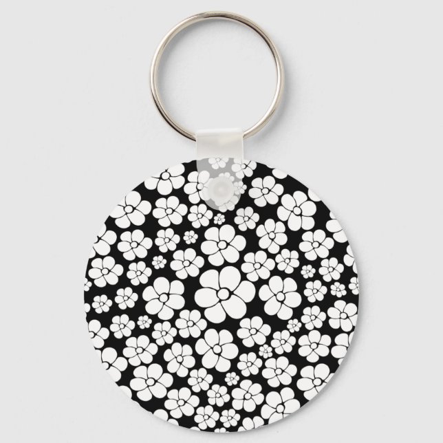 Porte-clés Motif à fleurs - Blanc sur Noir (Recto)