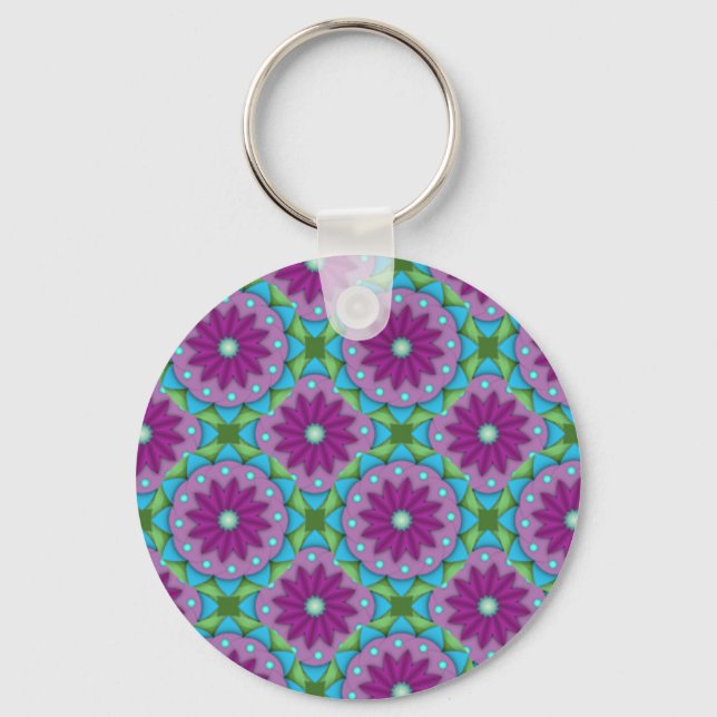 Porte-clés Motif à fleurs magenta, rose et verte (Recto)