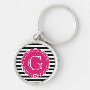 Porte-clés Motif à rayures noires Monogramme rose chaud