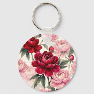 Porte-clés Motif aquarelle floral de pivoine rouge foncé et r