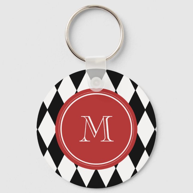 Porte-clés Motif Arlequin blanc noir, Monogramme rouge (Recto)