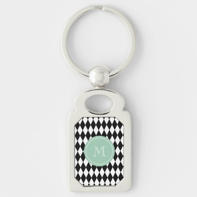 Porte-clés Motif blanc noir de harlequin, monogramme vert en (Devant)