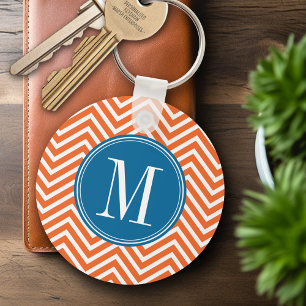 Porte-clés Motif bleu et orange Chevron avec Monogram