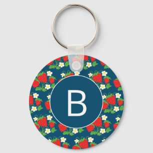 Porte-clés Motif bleu fraise et fleur Monogramme