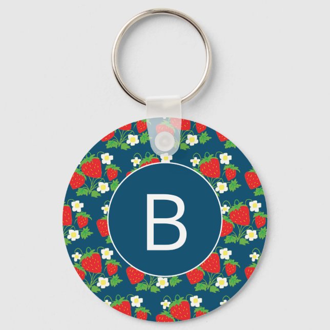 Porte-clés Motif bleu fraise et fleur Monogramme (Recto)