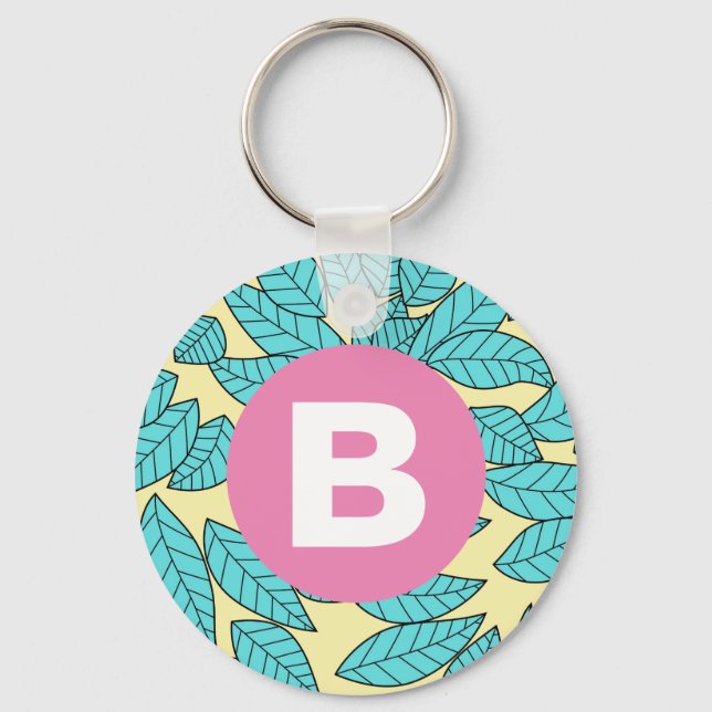 Porte-clés Motif botanique de feuilles sarcelle Monogramme ro (Recto)